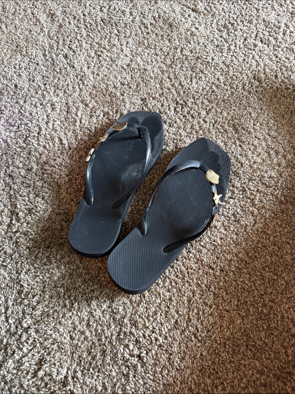 Women's Black Flip Flop Sandals with Gold Shell Accents